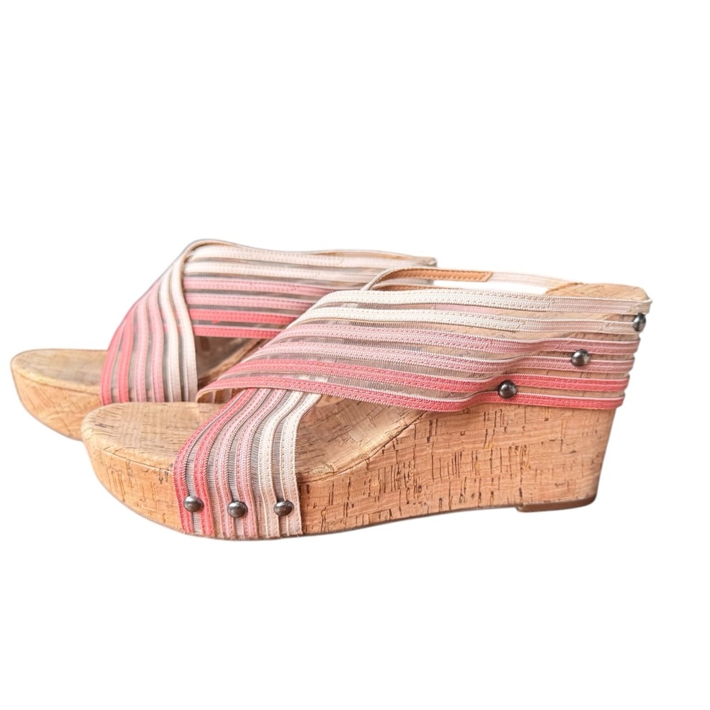 Lucky Brand Pink and Cream Wedge Sandals with Cork Heel